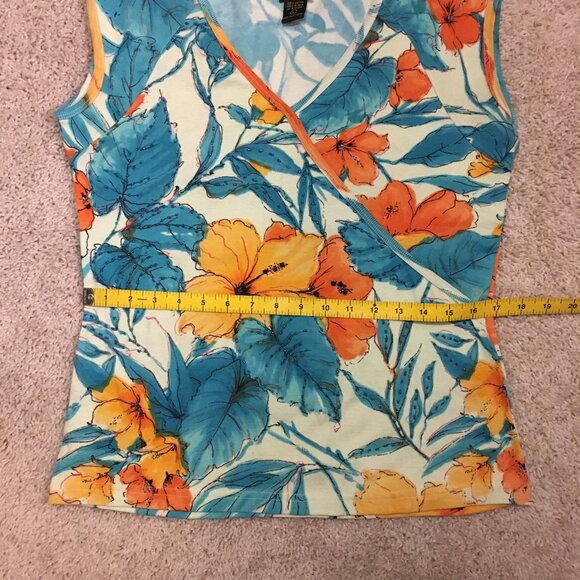 Cactus Faux Wrap Hawaiian Orange Hibiscus Tropical Sequin & Cotton Top - Picture 12 of 15